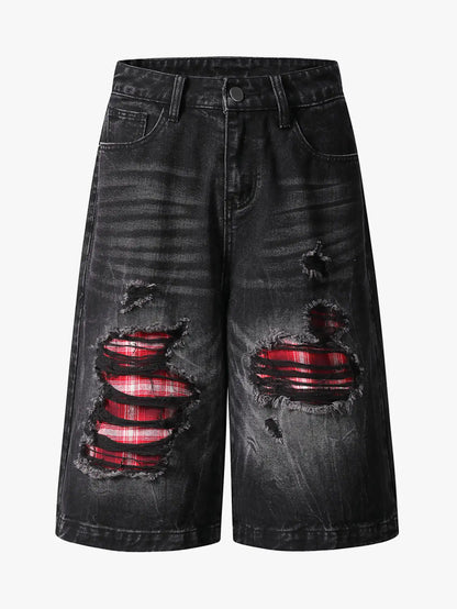 Ripped Plaid Denim Shorts-S1086