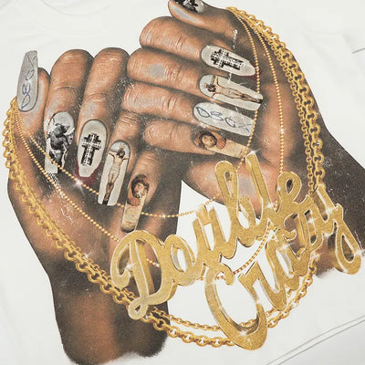 Camiseta holgada con caja de uñas y cadena dorada "Bling"-593