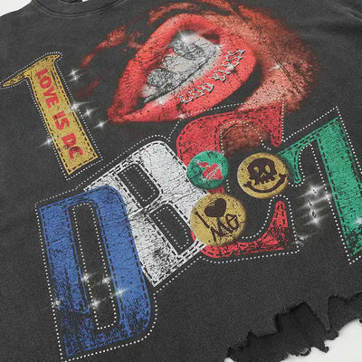 Camiseta con Labios Grillz Desgastados Bling-592