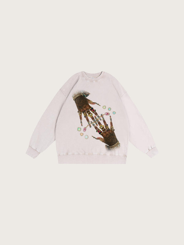 Stylish Beige Sweatshirt Featuring a Luxurious Tattooed Hand Design Adorned with Jewel