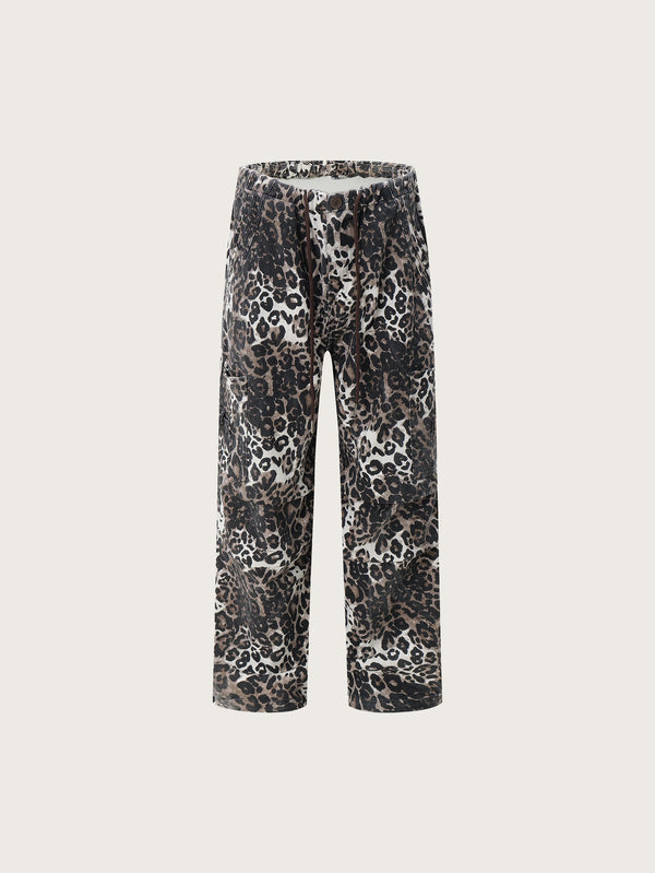 Leopard Print Wide-Leg Pants with a Relaxed Fit and Drawstring Waist