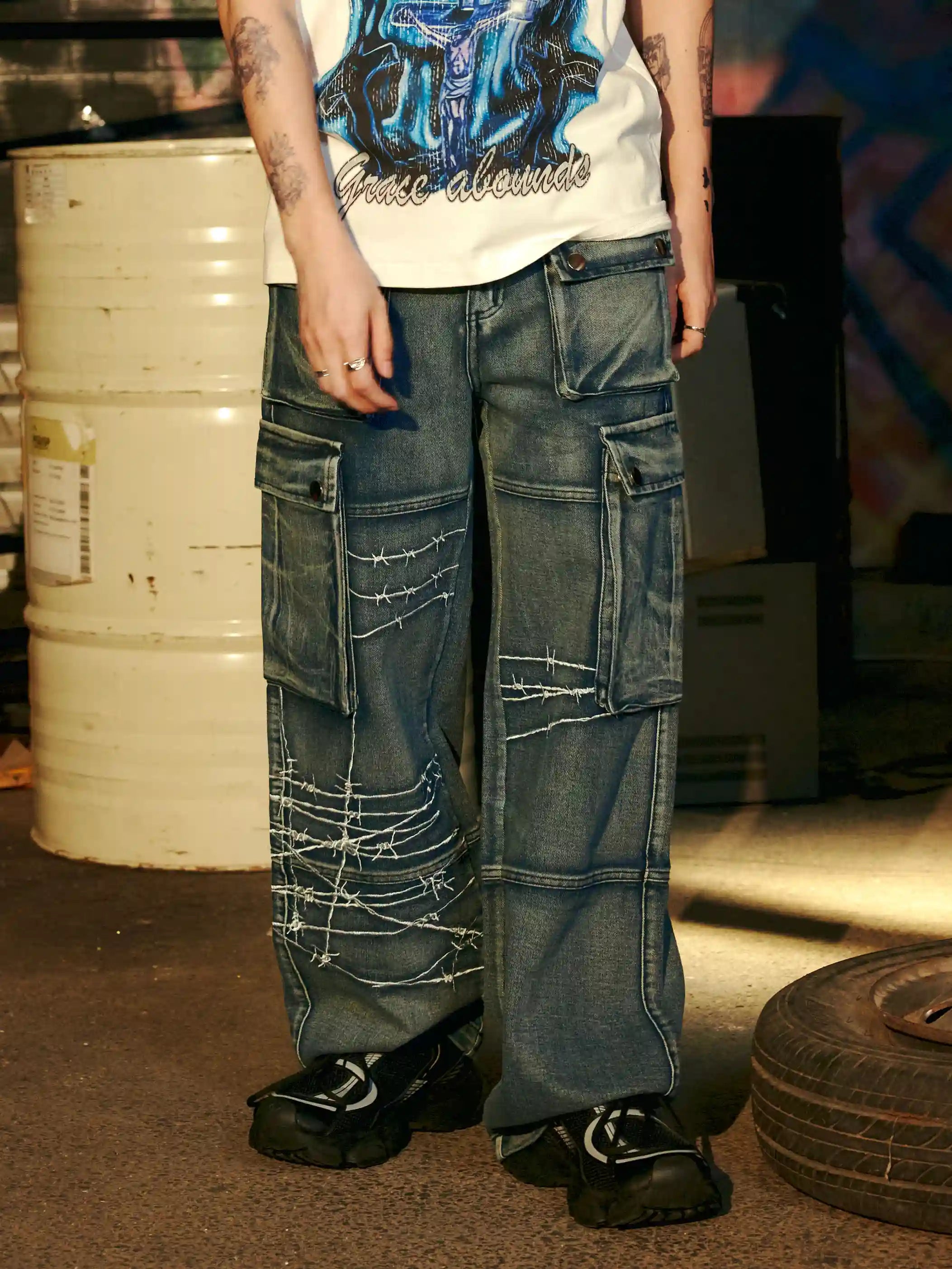 Street Repair Cargo Denim Pants-S1061