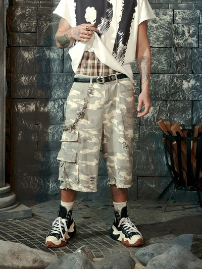 Streetwear Wide Leg Camo Cargo Shorts-S1037