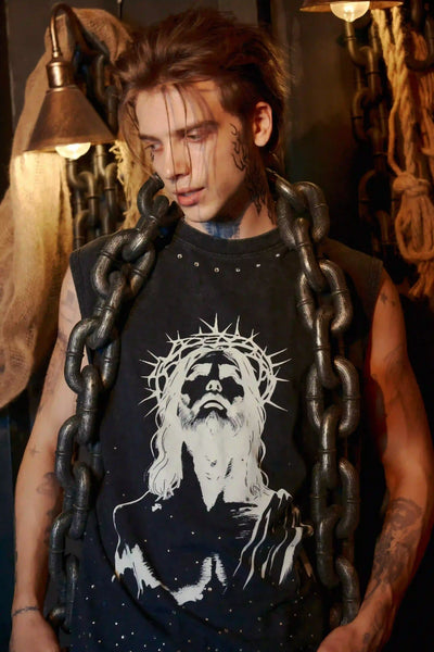 Camiseta sin mangas con estampado de Jesús gótico-206