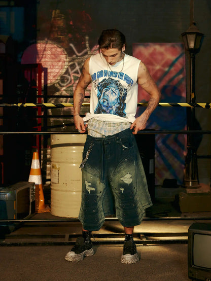 Streetwear Wide Leg Studded Denim Shorts-S1048