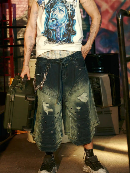 Streetwear Wide Leg Studded Denim Shorts-S1048