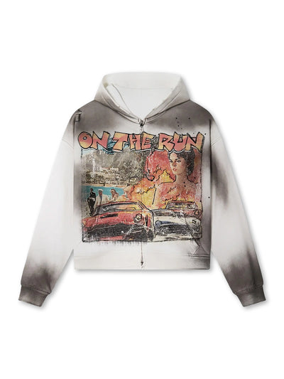 Sweat à capuche zippé style rétro délavé-706