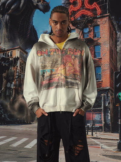 Sweat à capuche zippé style rétro délavé-706