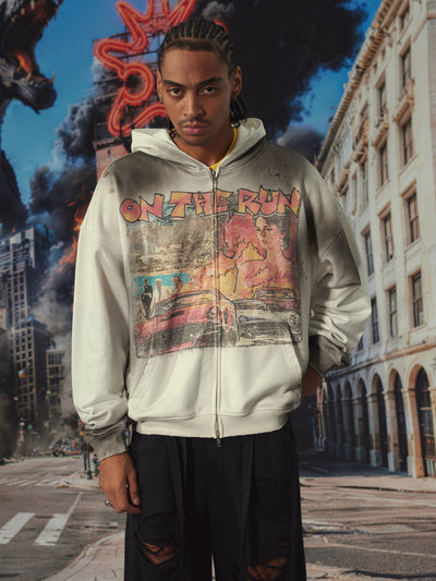 Sweat à capuche zippé style rétro délavé-706