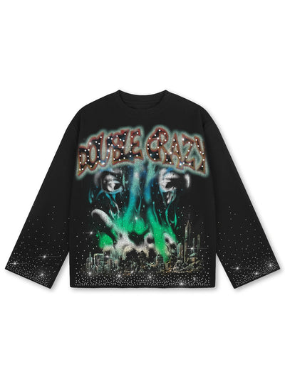 Rhinestone burning city long sleeve front view DoubleCrazy