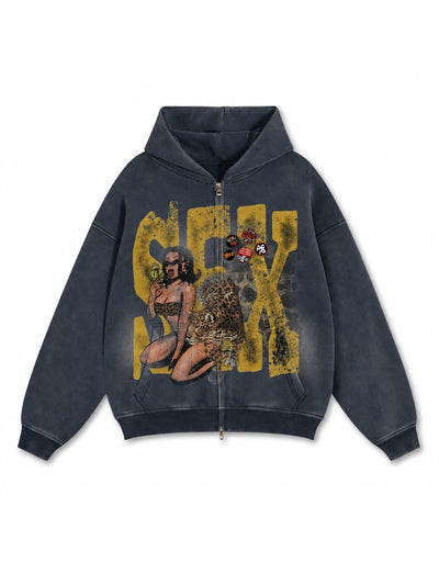 Veste zippée courte en cachemire léopard délavé-754