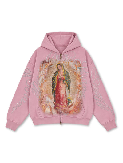 Pink DoubleCrazy zip-up hoodie with a vintage-style Virgin Mary and cherub print, colored rhinestones and rhinestone script down both sleeves.