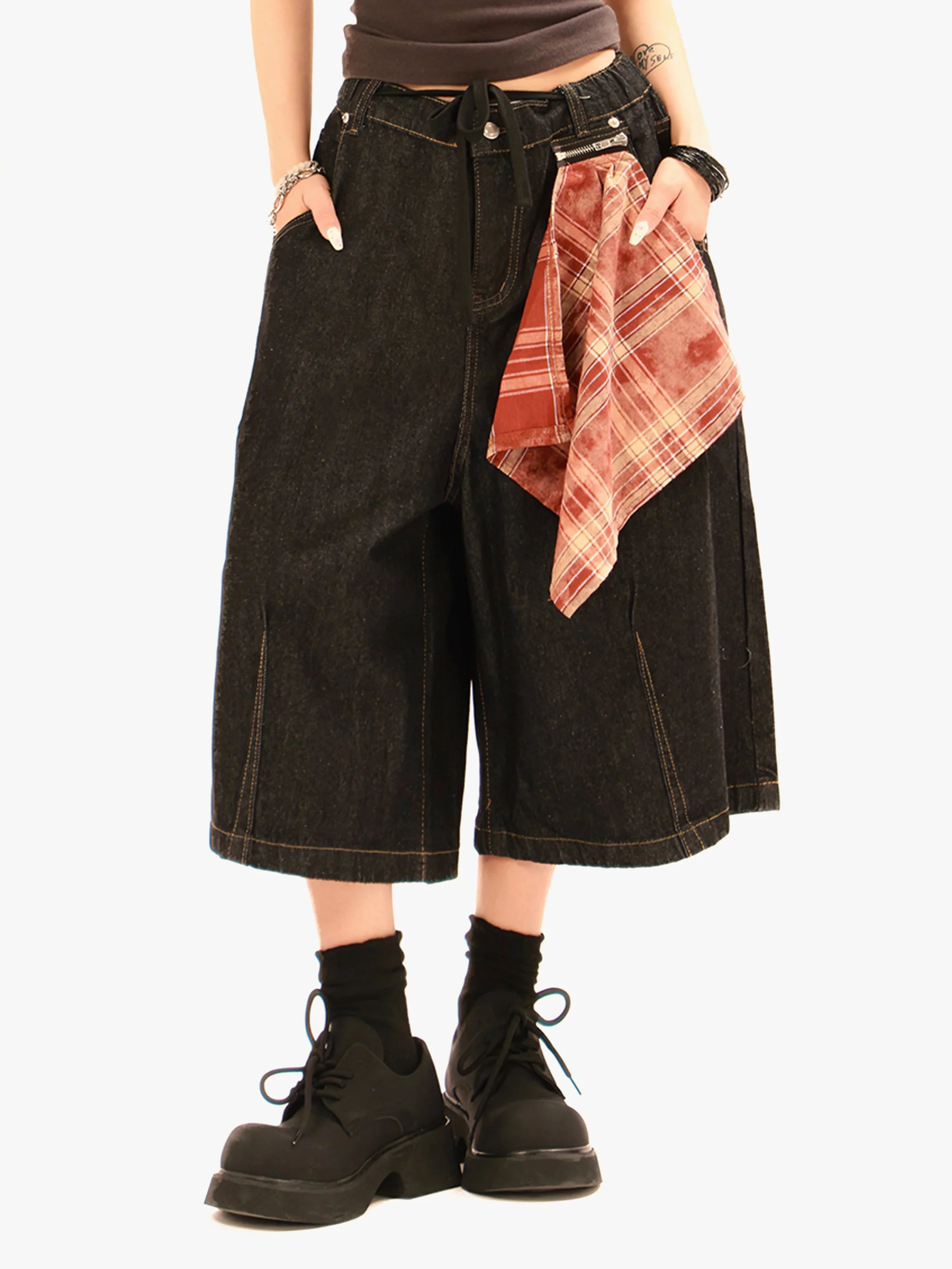 Plaid Scarf Detail Denim Streetwear Shorts-S1008