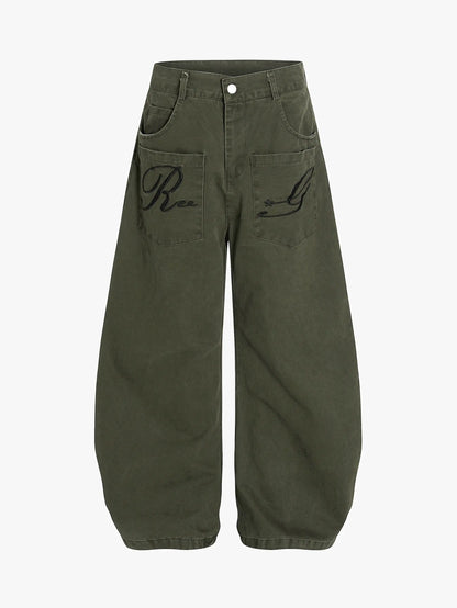 Retro Embroidery Wide Blade Pants-S1120