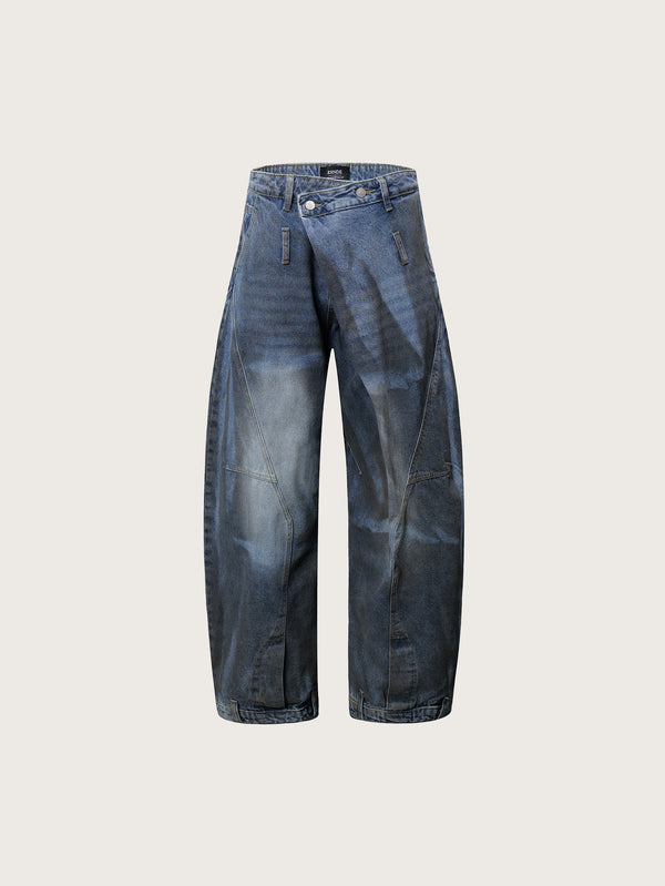 Washed Denim Wide-Leg Cargo Pants with Artistic Fading and Seam Detailing