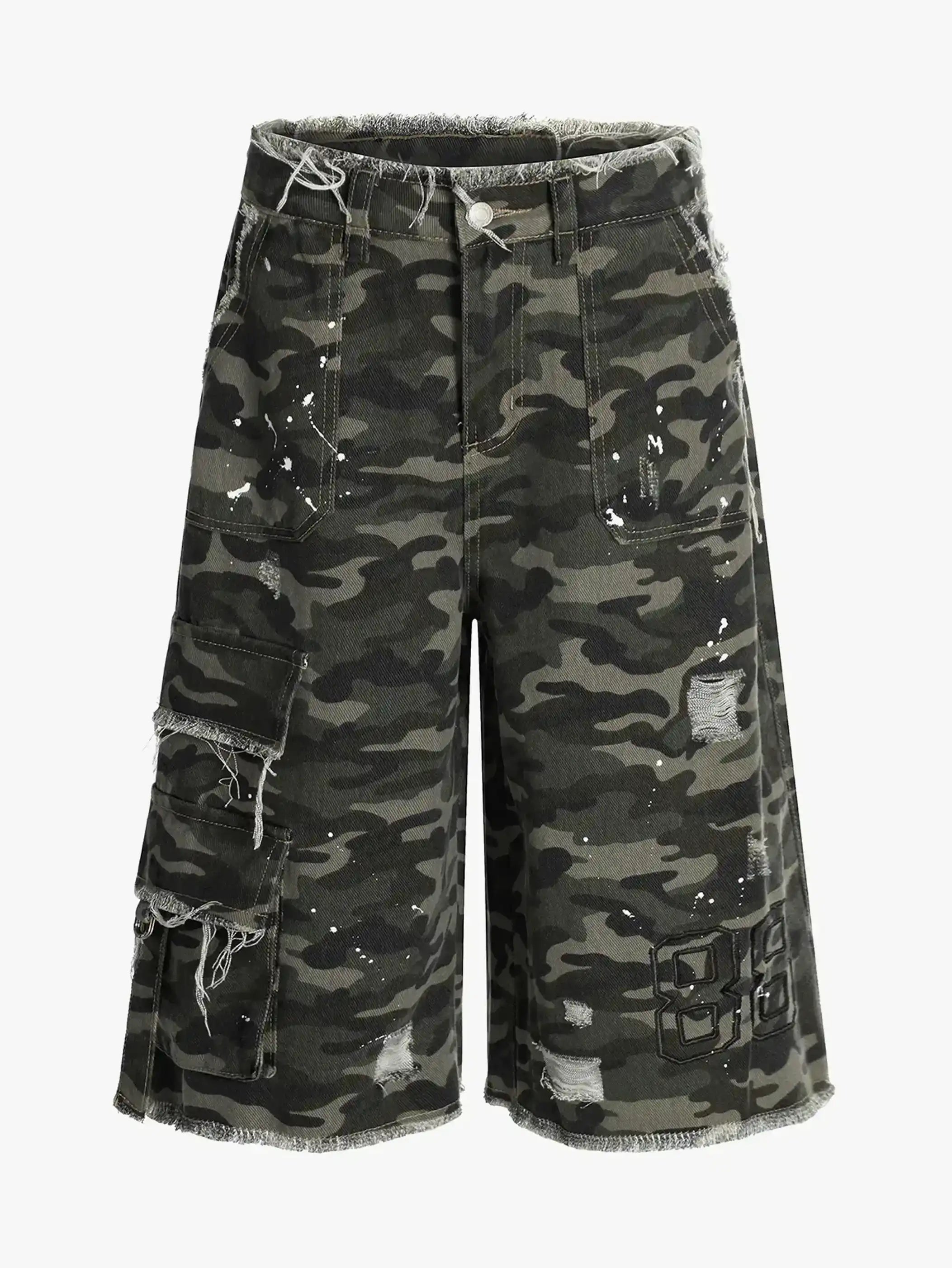 Wide Leg Camo Distressed Cargo Shorts-S1049