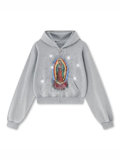 Sudadera corta con cremallera y diseño de la Virgen de Guadalupe con pedrería - 829
