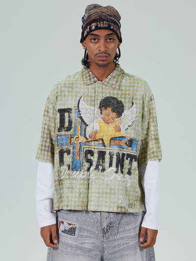 T-shirt manches longues ample superposé avec motif chérubin grunge - 714