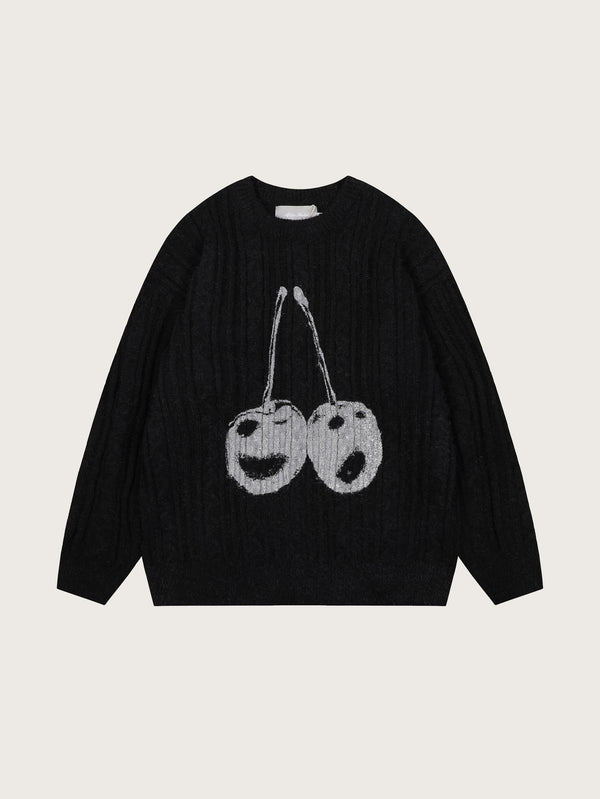 Cozy Cable-Knit Sweaters with Graphic Cherry Design in Cream and Black – Perfect for Stylish Winter Comfort