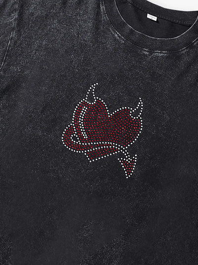 Trendy Studded Heart Devil Graphic T-Shirt -S140