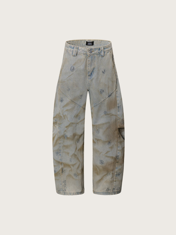 Vintage Aesthetic Relaxed Fit Distressed Denim Pants with Subtle Patterned Accents Wide-Leg Design and Washed-Out Texture