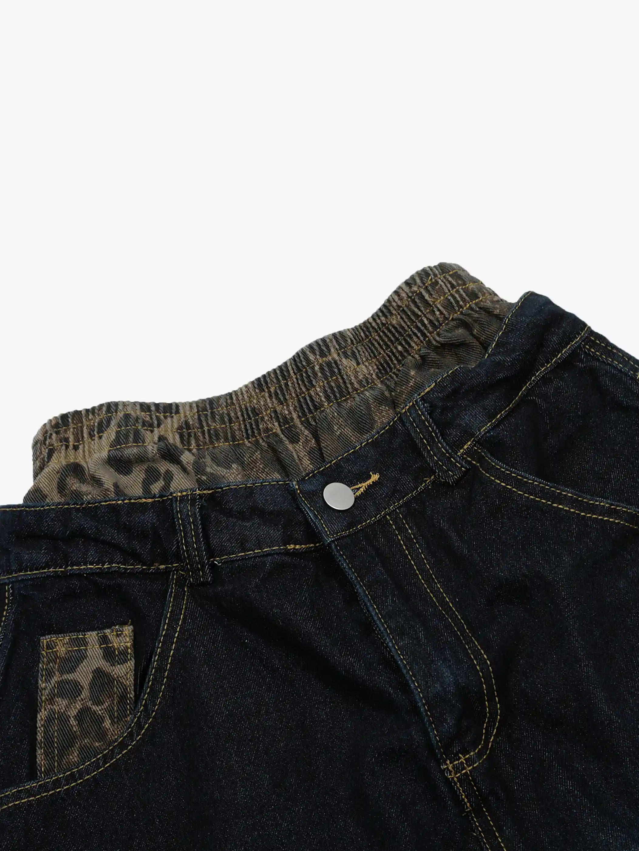Wide Leg Denim Shorts with Leopard Patchwork-S1039