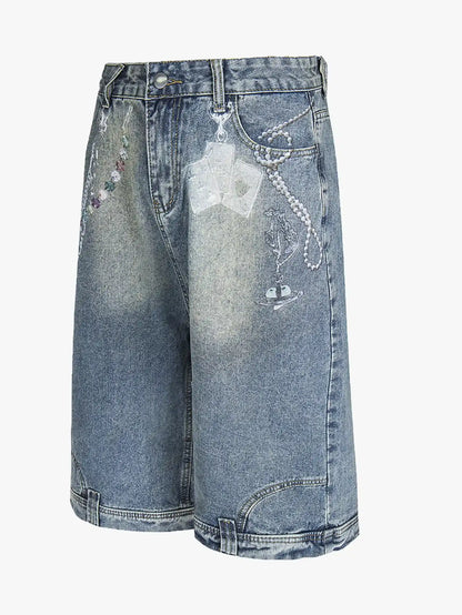 Chain Print Denim Shorts with Poker Graphic-S1014