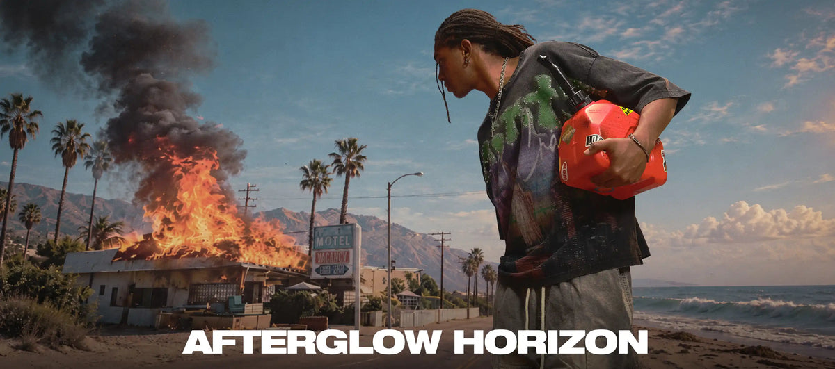 Model wearing a black DoubleCrazy graphic tee and carrying a red gas can beside a burning roadside motel in the Afterglow Horizon campaign.