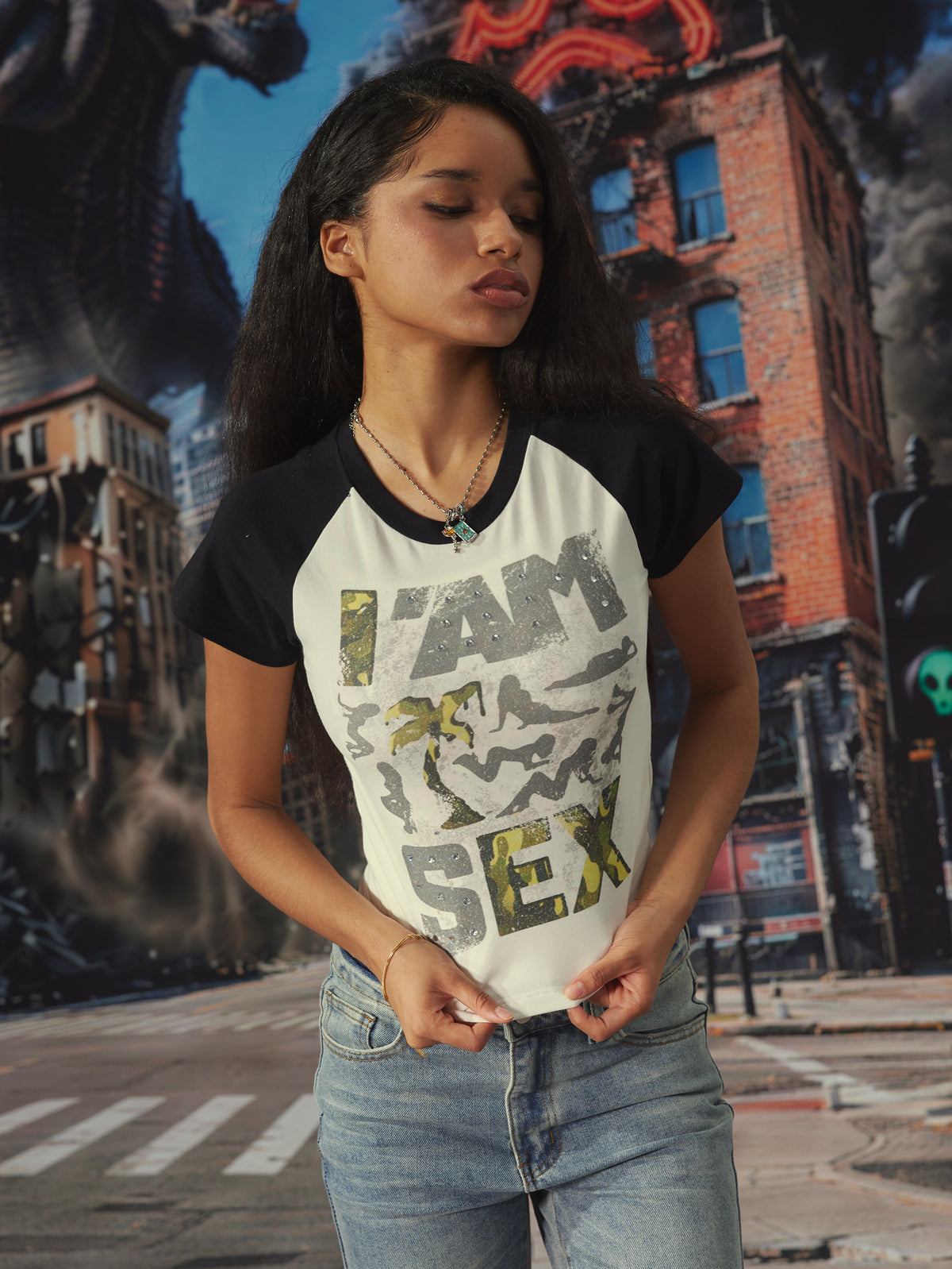 Camiseta corta de camuflaje con tachuelas estilo pin-up-632