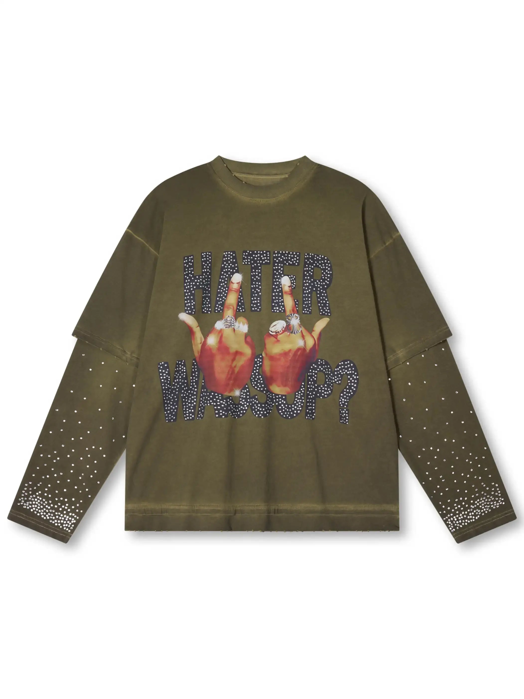 DoubleCrazy Product 347 washed hand gesture graphic longsleeve styled with black wide leg pants and silver jewelry