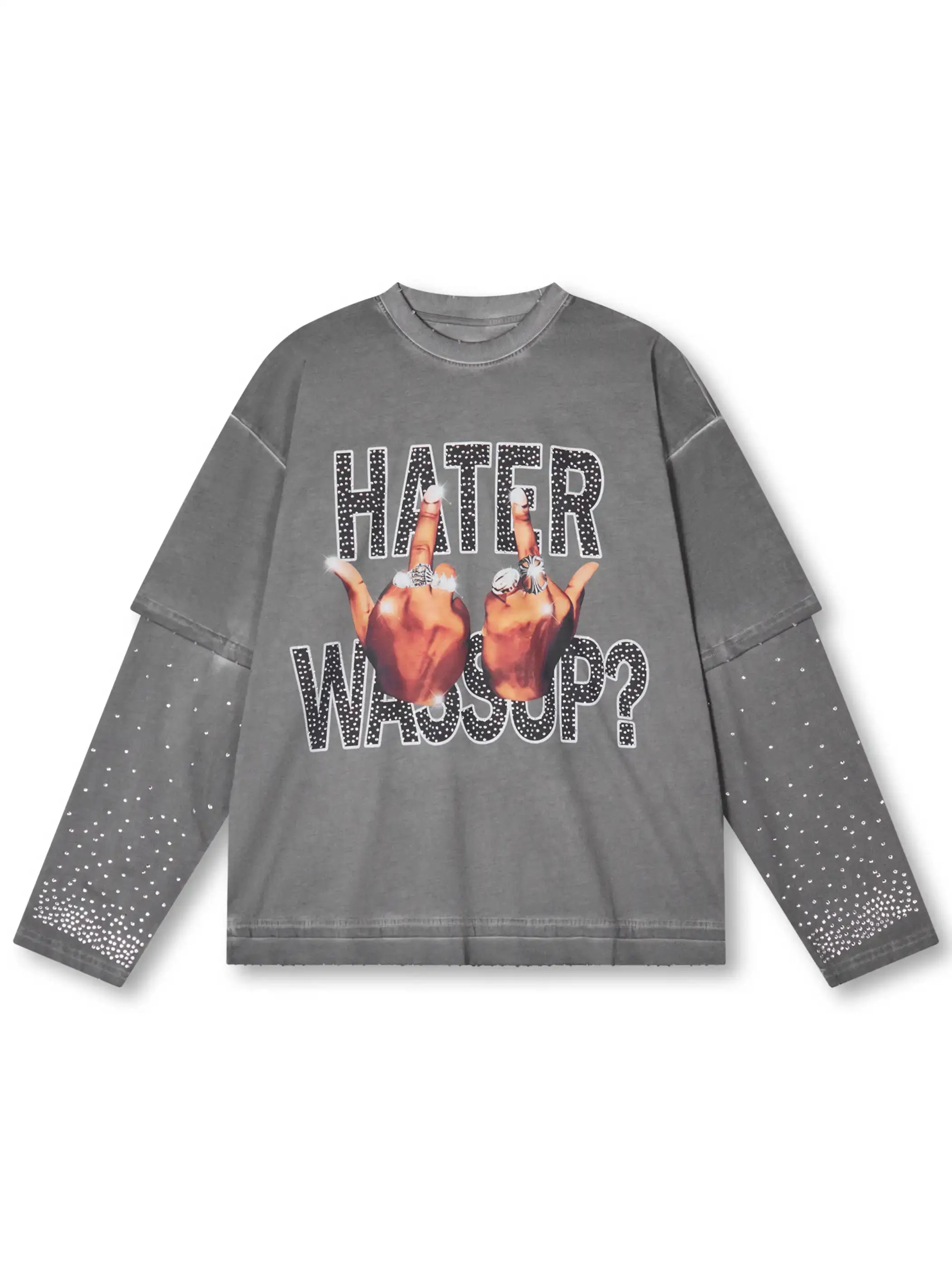 DoubleCrazy Product 347 washed grey black hand gesture graphic longsleeve with rhinestone sleeve details