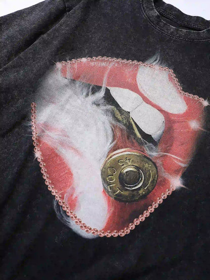 Edgy Red Lip Bullet Detail T-shirt -108