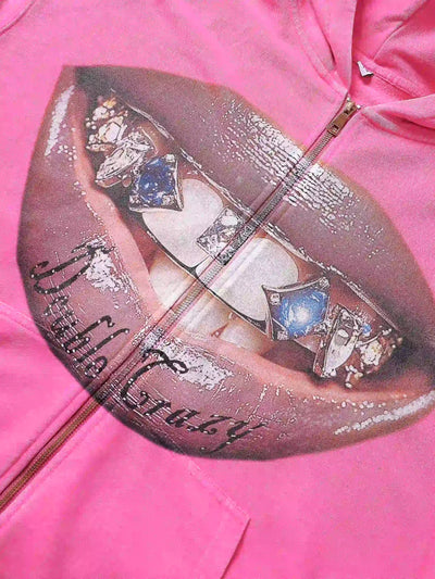 Bold Lip Graphic Pink Hoodie with Zipper - 029