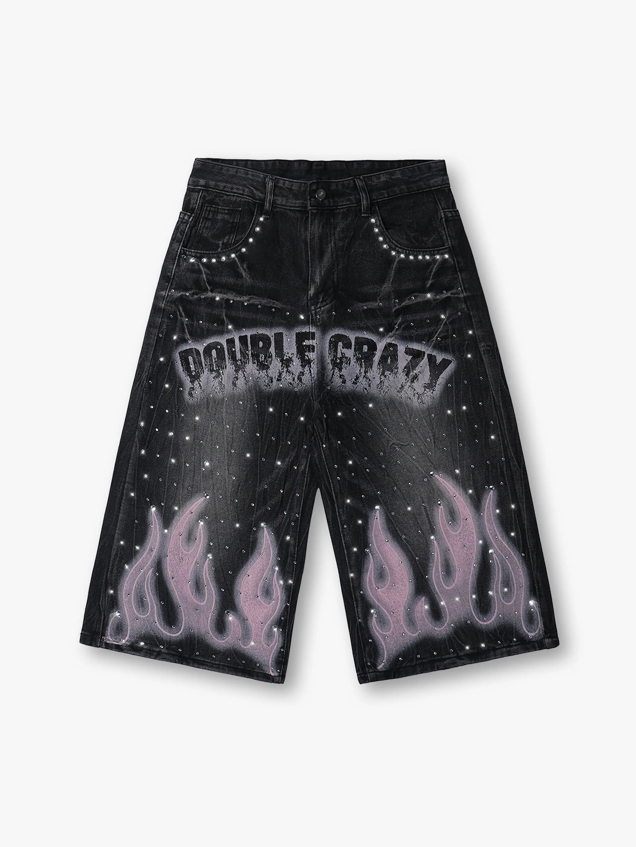 Double Crazy Flames Denim Shorts-199