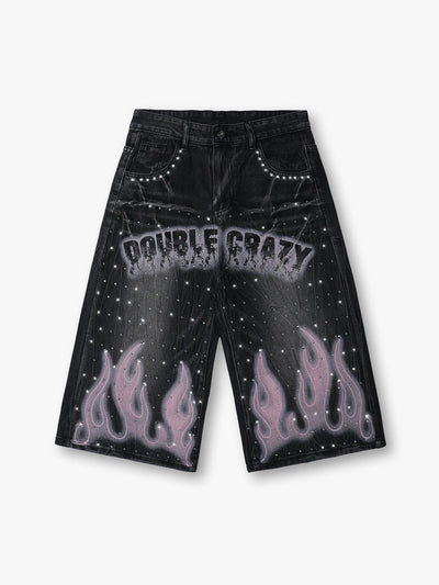 Double Crazy Flames Denim Shorts-199