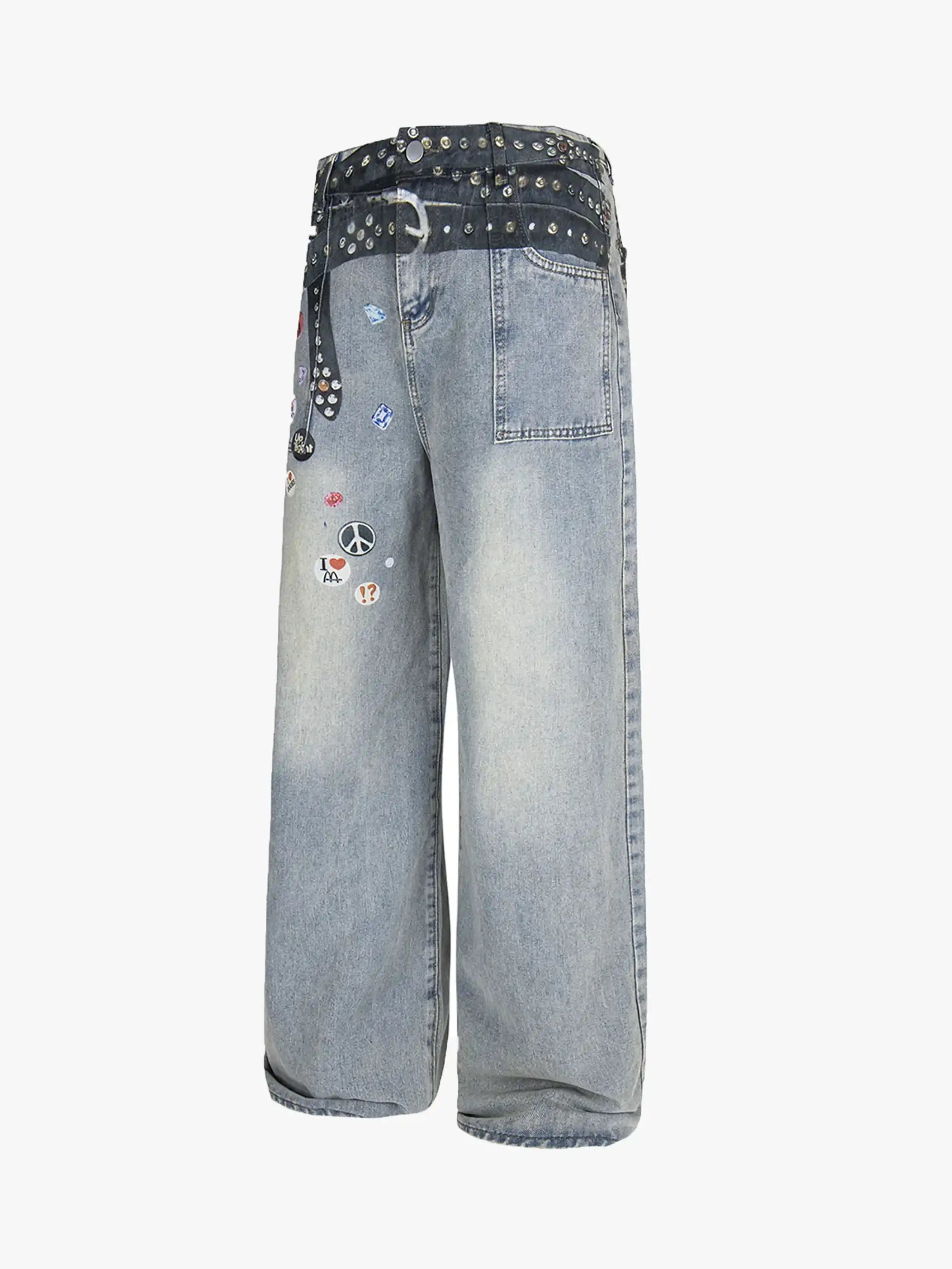 Y2K Studded Patchwork Wide Leg Denim Pants-S1003