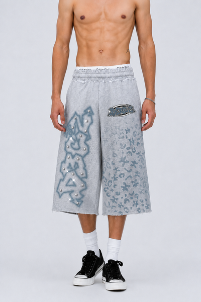 Rhinestone Graffiti Baggy Shorts-622