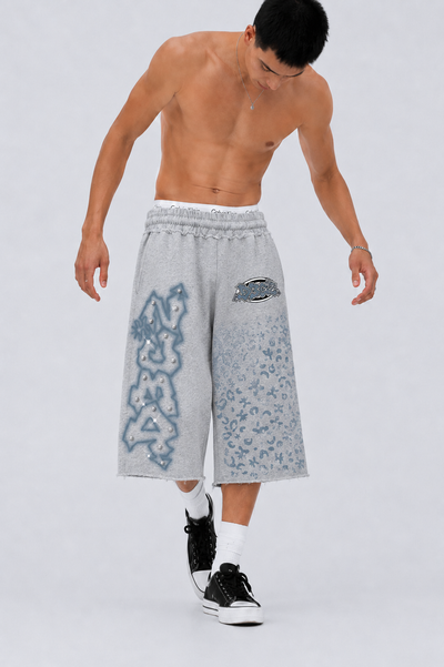 Rhinestone Graffiti Baggy Shorts-622