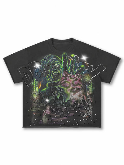 Skyline monster raw hem rhinestone tee front view DoubleCrazy