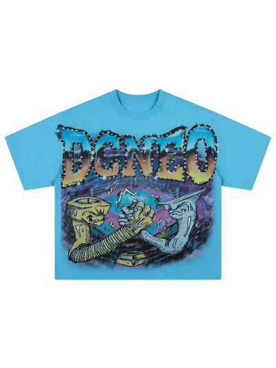Camiseta corta extragrande con aerógrafo y pedrería - 470