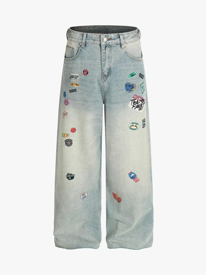 Street Print Wide-Legged Jeans-S1074