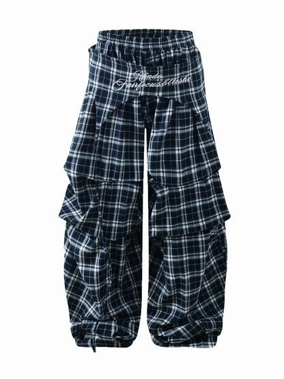 Plaid Loose Fit Layered Cargo Pants-S1041