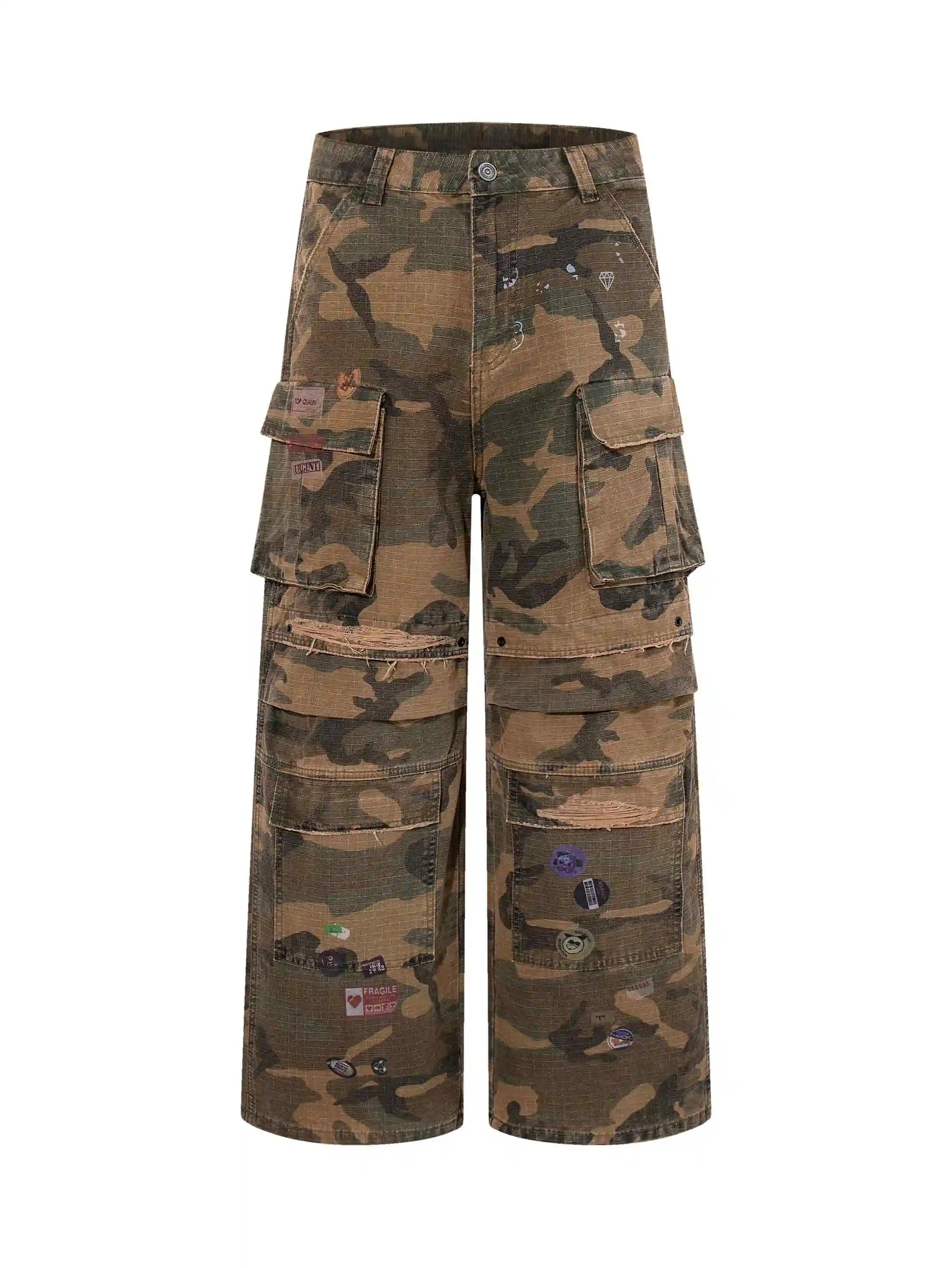 Camo Badge Shredded Cargo Pants-S1233