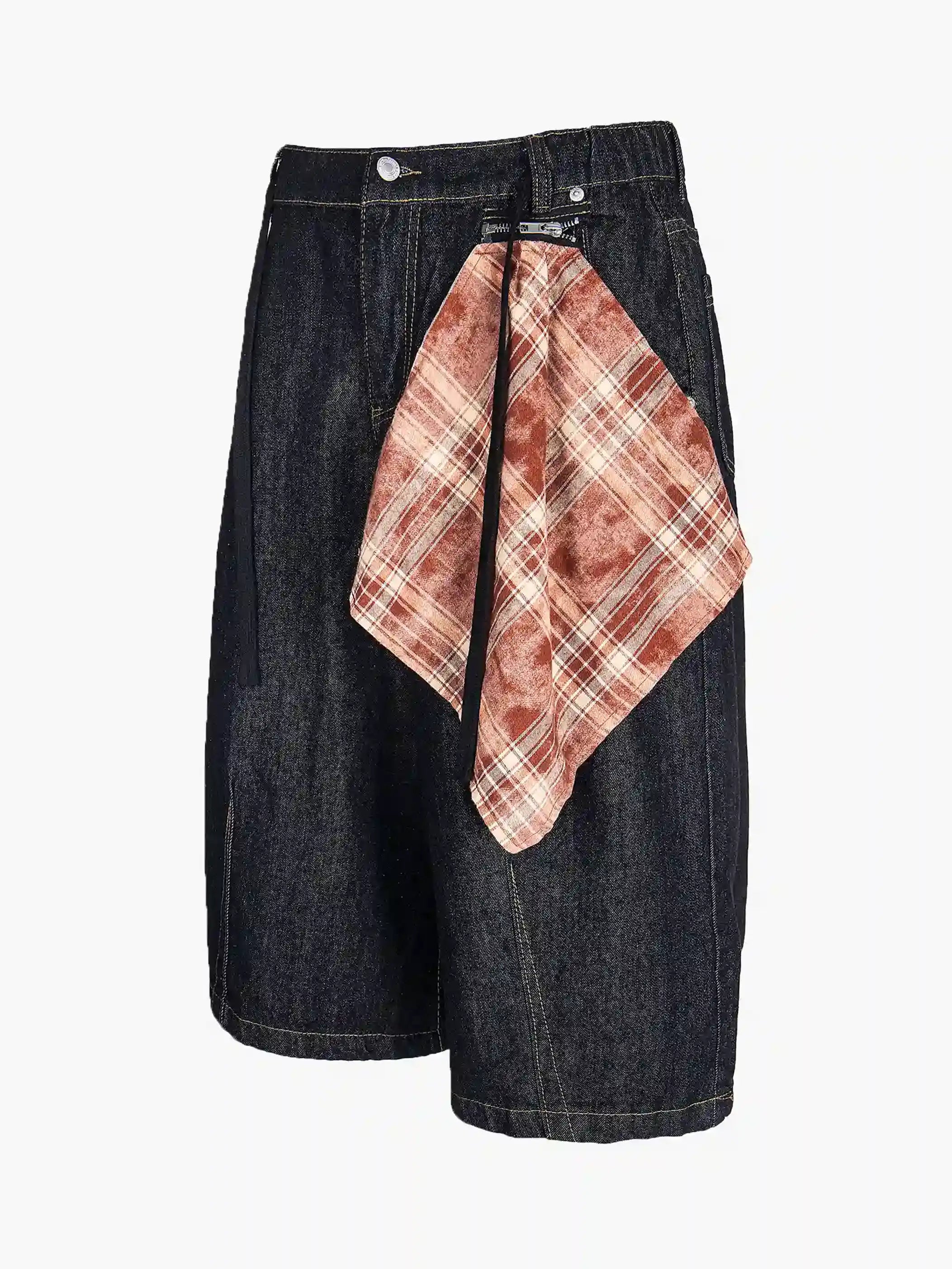 Plaid Scarf Detail Denim Streetwear Shorts-S1008