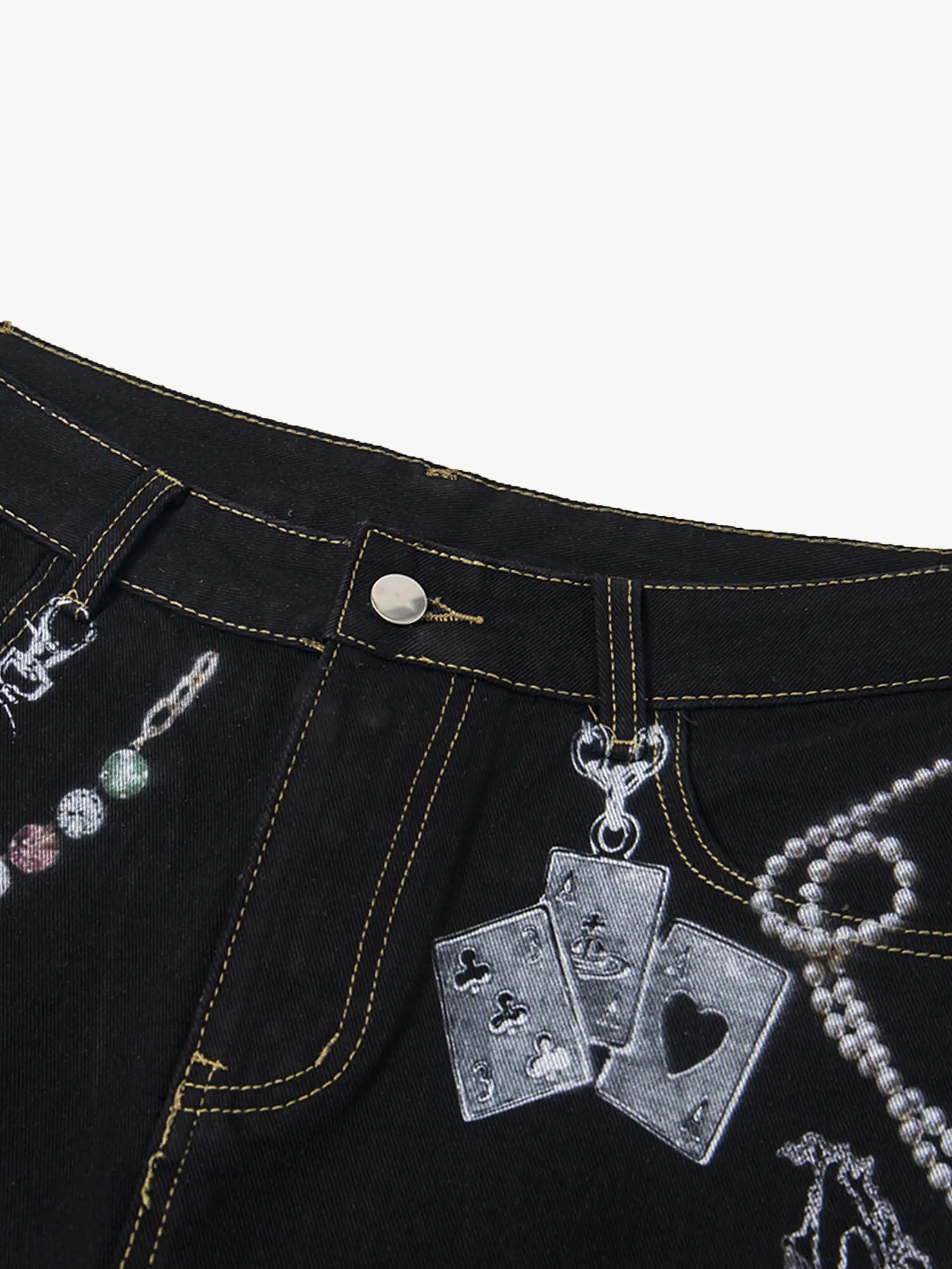 Chain Print Denim Shorts with Poker Graphic-S1014