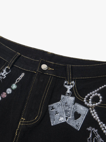 Chain Print Denim Shorts with Poker Graphic-S1014