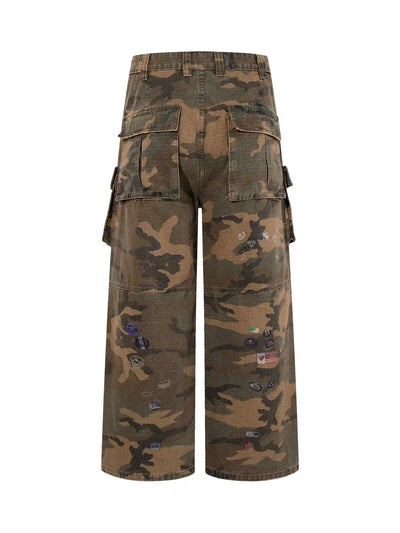 Camo Badge Shredded Cargo Pants-S1233