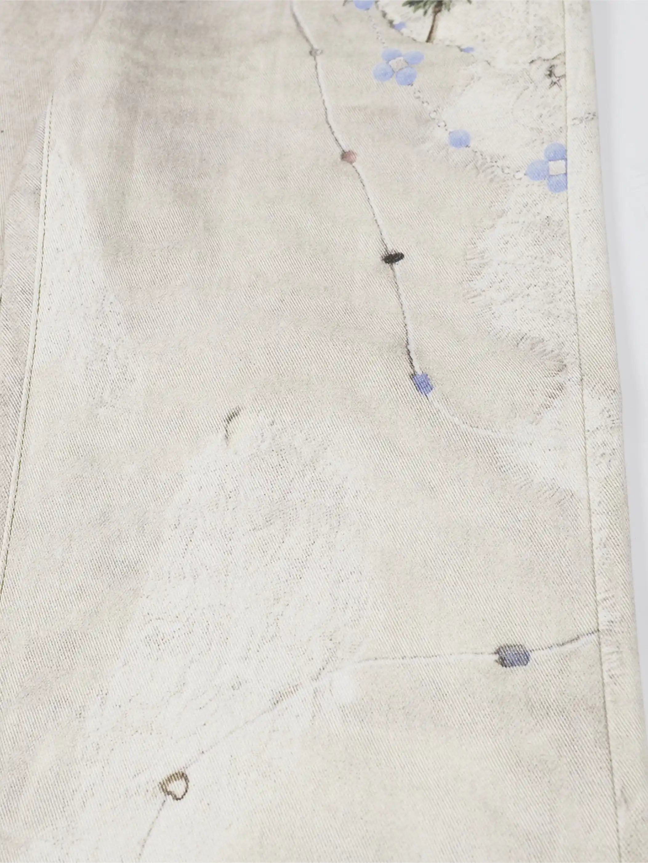 Beige Wide Leg Vintage Printed Jeans-S1026