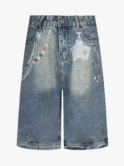 Chain Print Denim Shorts with Poker Graphic-S1014