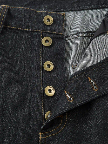 Metal Button Washed Denim Pants-S1066